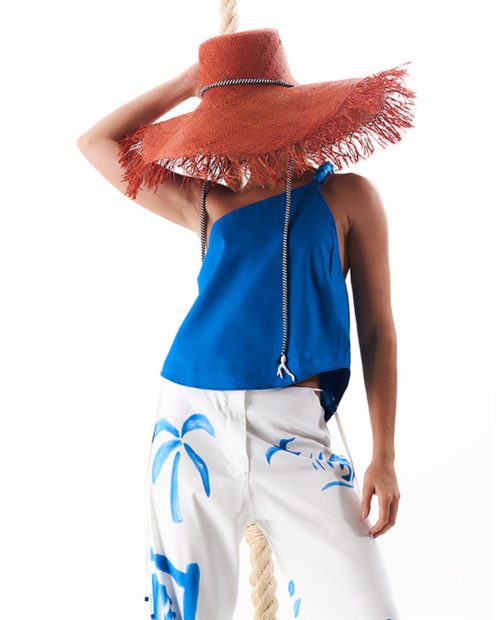 Blusa un hombro lino azul OPEN