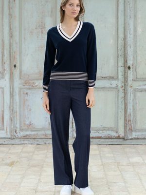 Jersey azul con escote pico y canalé a rayas HONGO