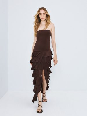 Vestido largo sin tirantes con detalle de volantes ACCES