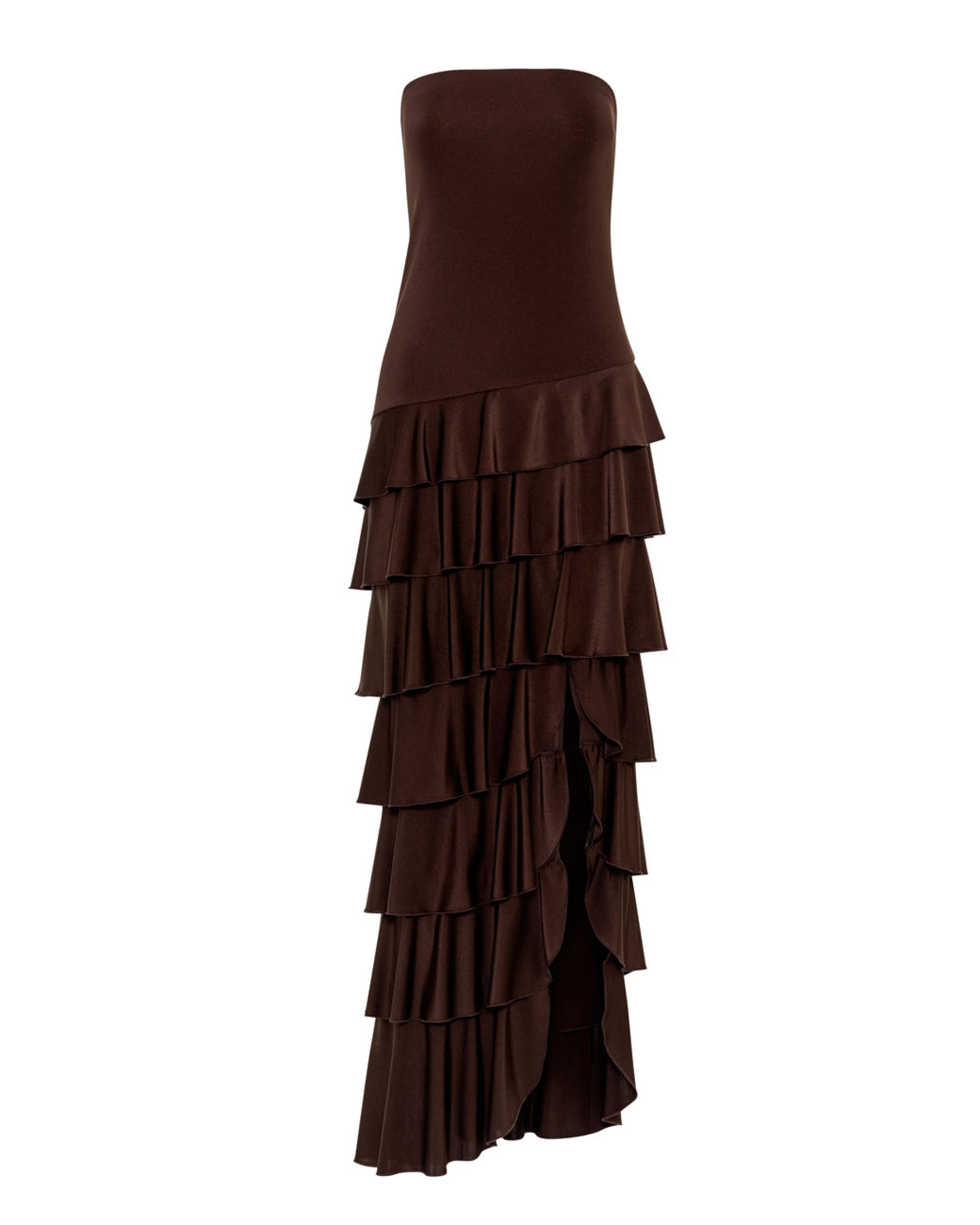 Vestido largo sin tirantes con detalle de volantes ACCES