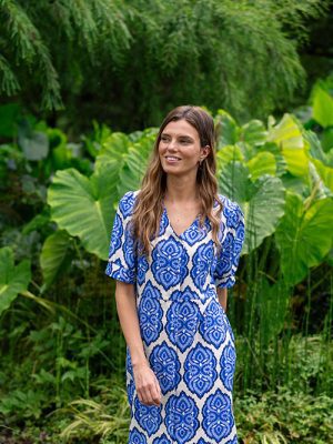 Vestido de lino y algodón con estampado azul HONGO