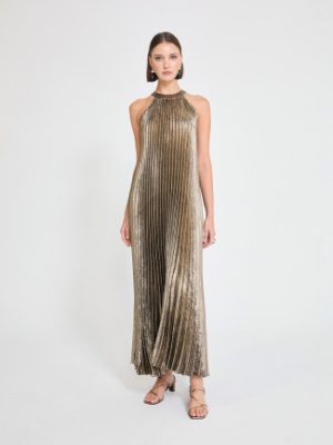 Vestido halter plisado dorado LOLA CASADEMUNT