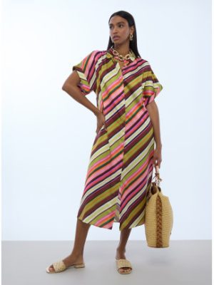 Vestido satinado camisero print multirayas