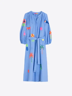 Vestido azul bordado tropicales VILAGALLO