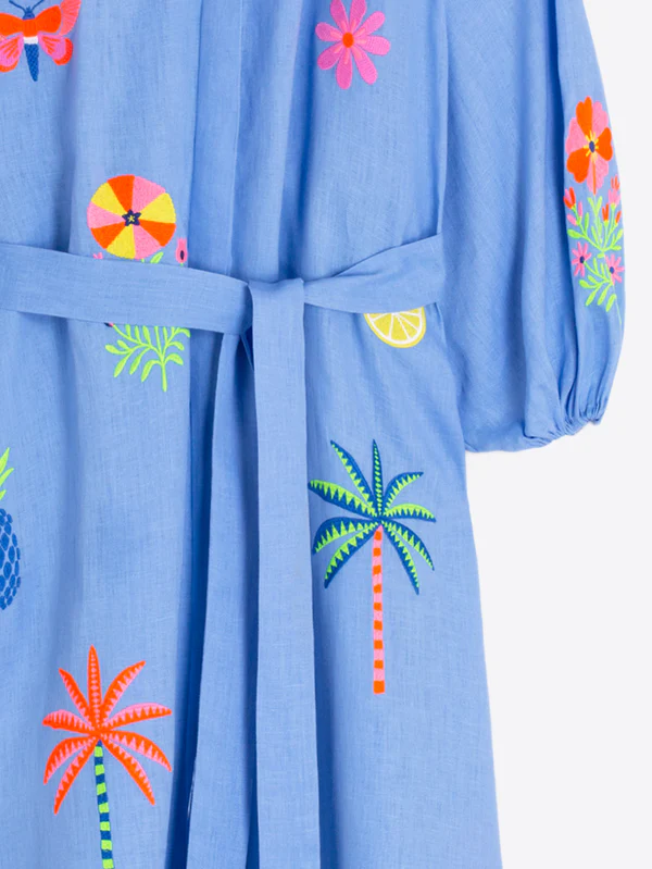 Vestido azul bordado tropicales VILAGALLO