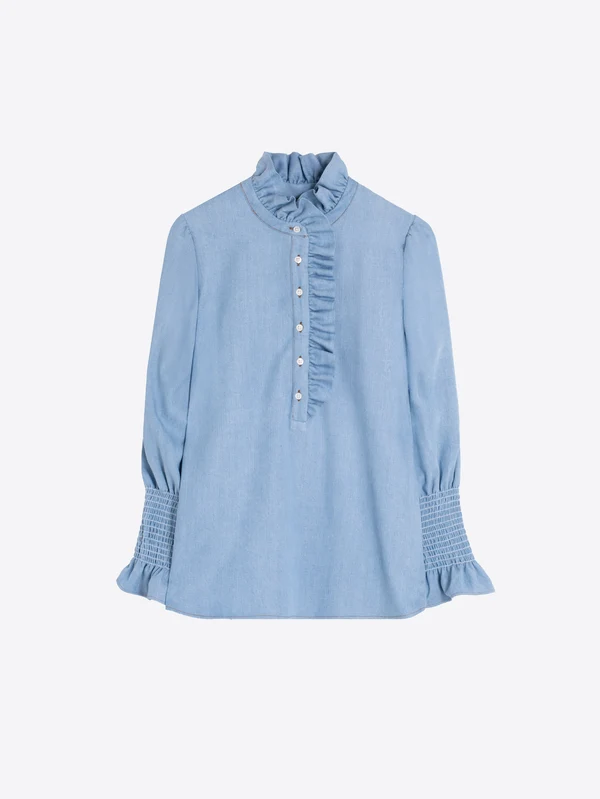 Camisa azul denim volantes frontales VILAGALLO