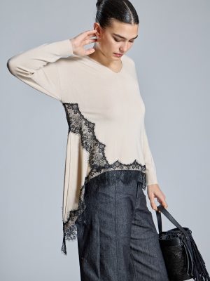 Jersey beige asimétrico con puntilla ALBA CONDE